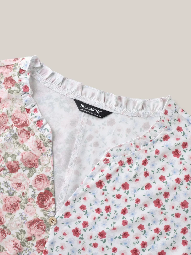 Floral Contrast Print Button Detail Blouse