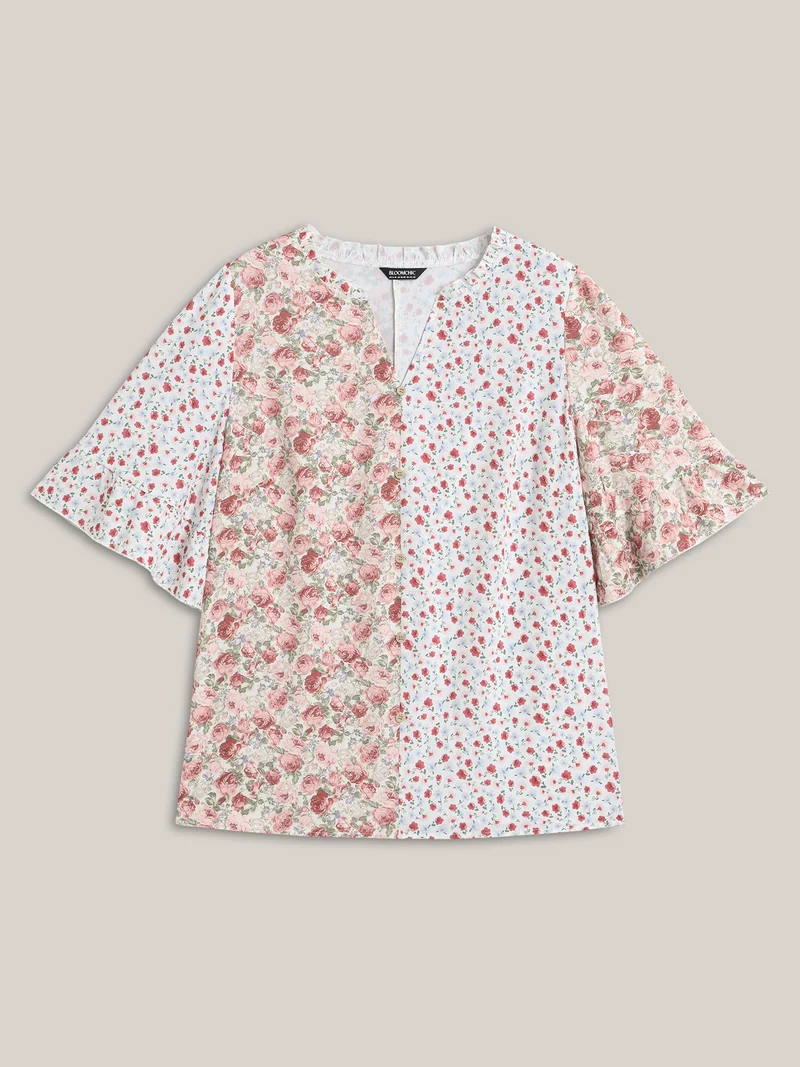 Floral Contrast Print Button Detail Blouse