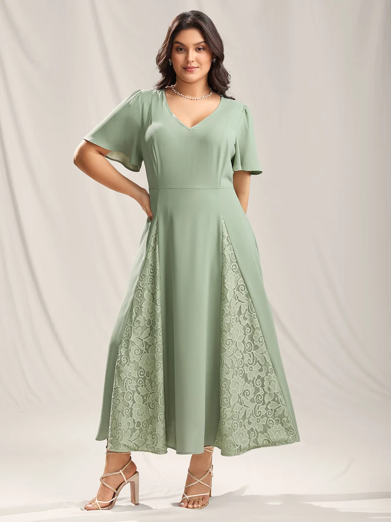 Lace Panel Cinched-Waist Maxi Dress