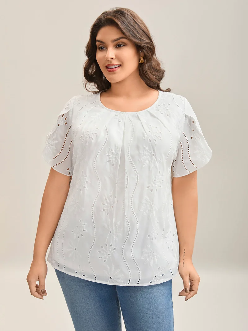 Embroidered Eyelet Trim Pleated Shirt