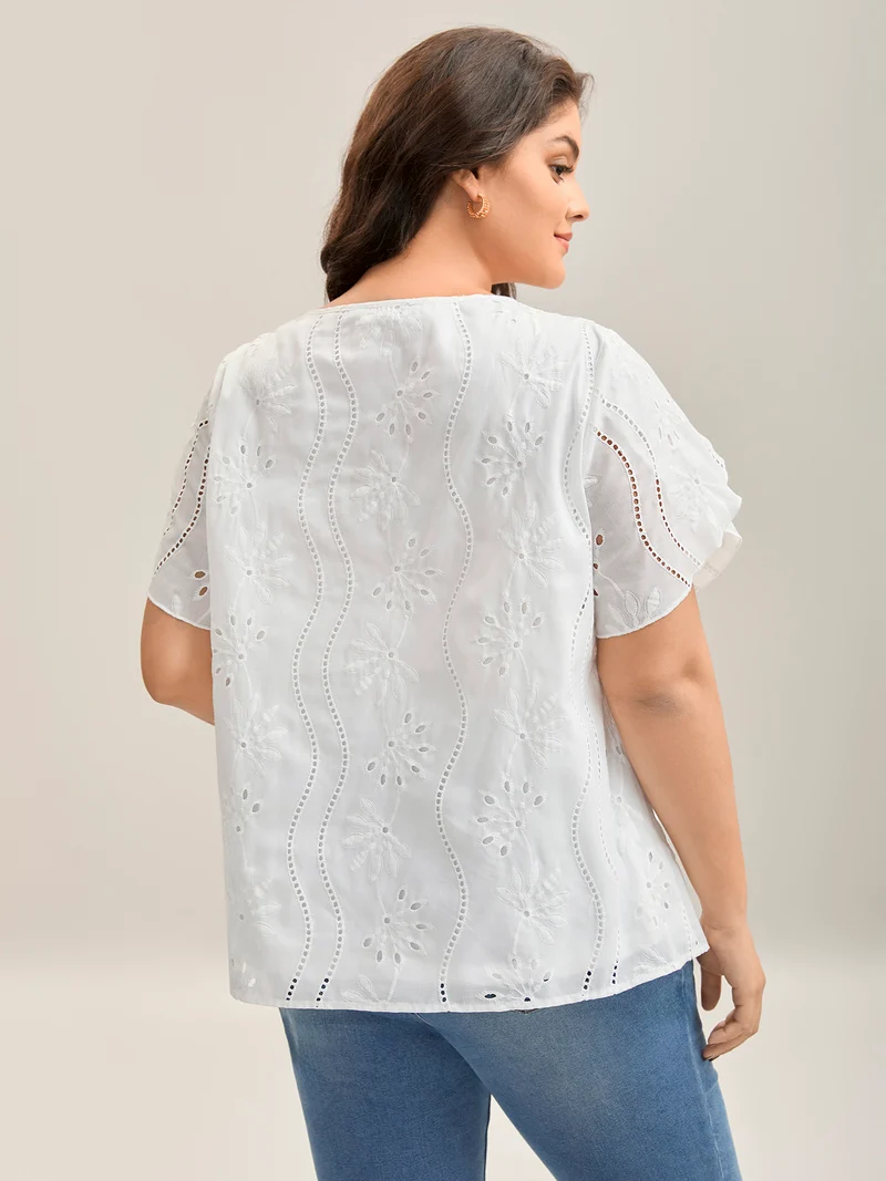 Embroidered Eyelet Trim Pleated Shirt