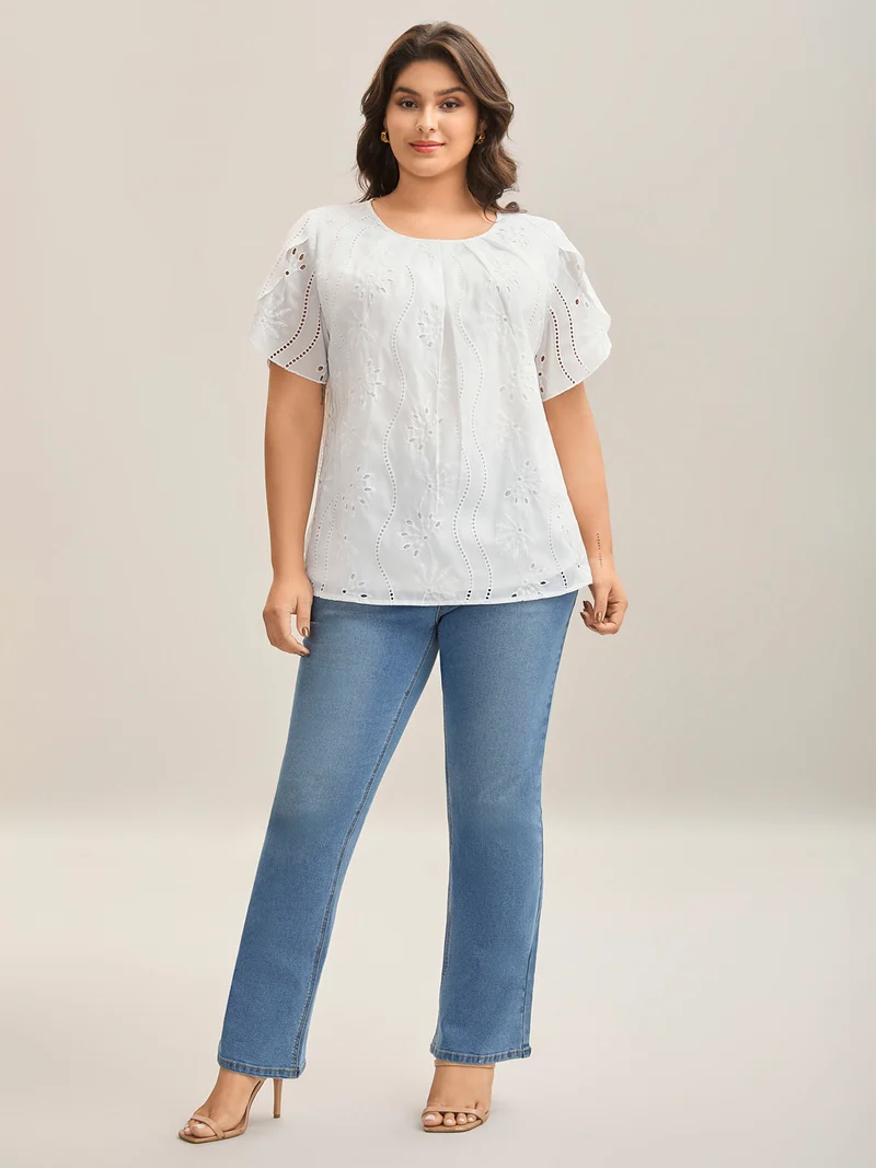 Embroidered Eyelet Trim Pleated Shirt