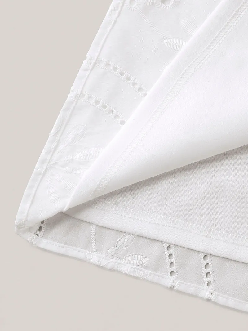 Embroidered Eyelet Trim Pleated Shirt