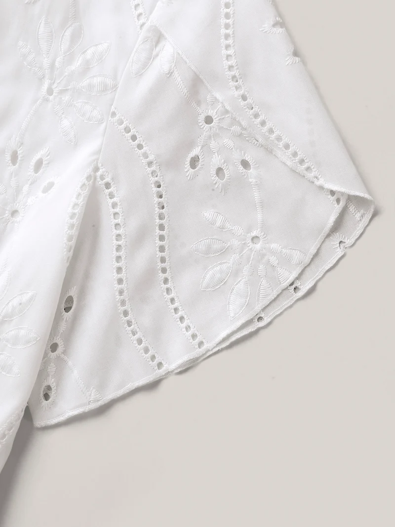 Embroidered Eyelet Trim Pleated Shirt