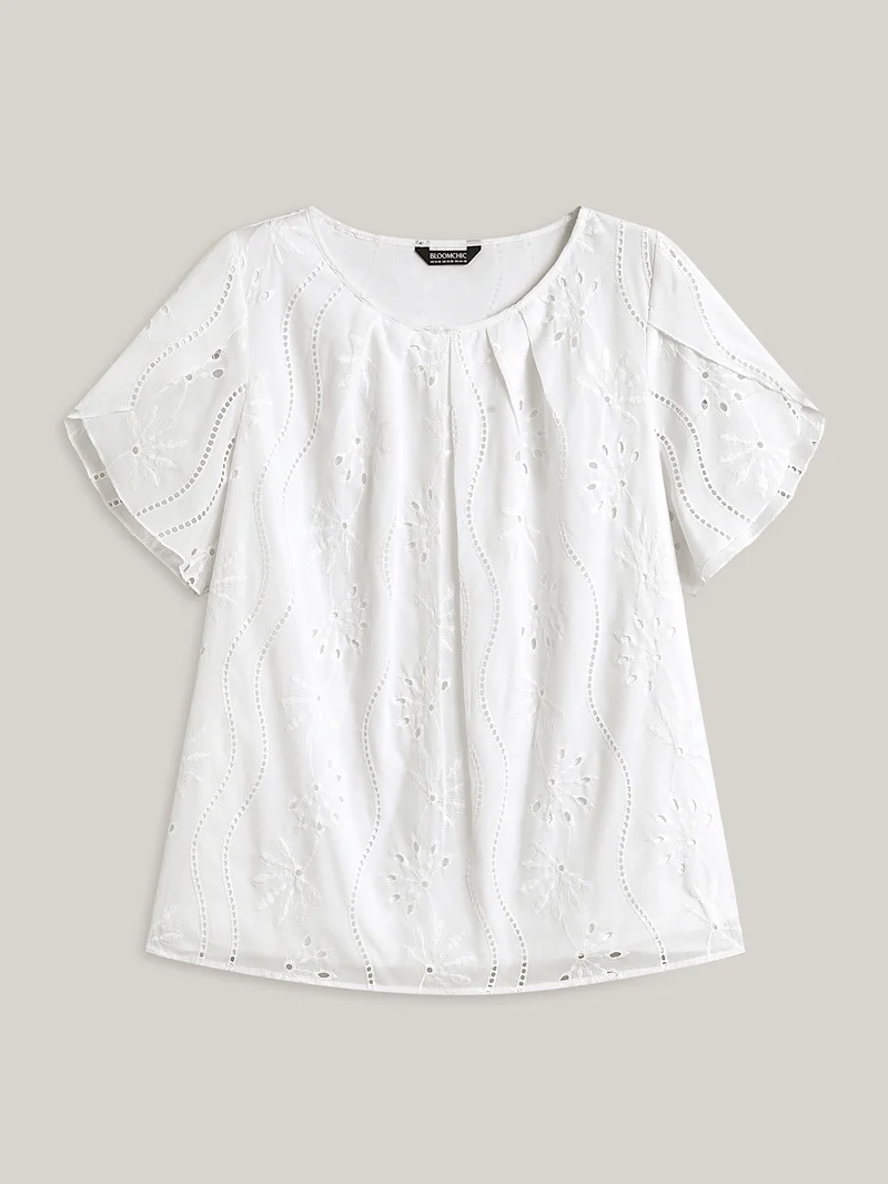Embroidered Eyelet Trim Pleated Shirt