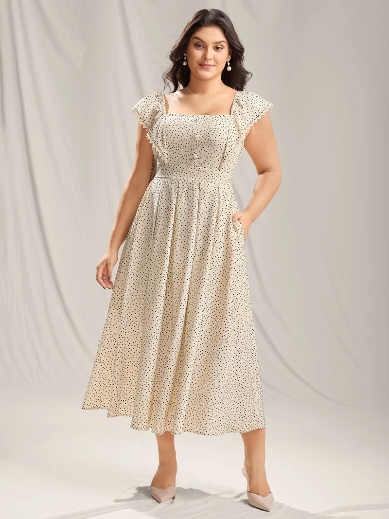 Polka Dot Cinched-Waist Pockets Midi Dress