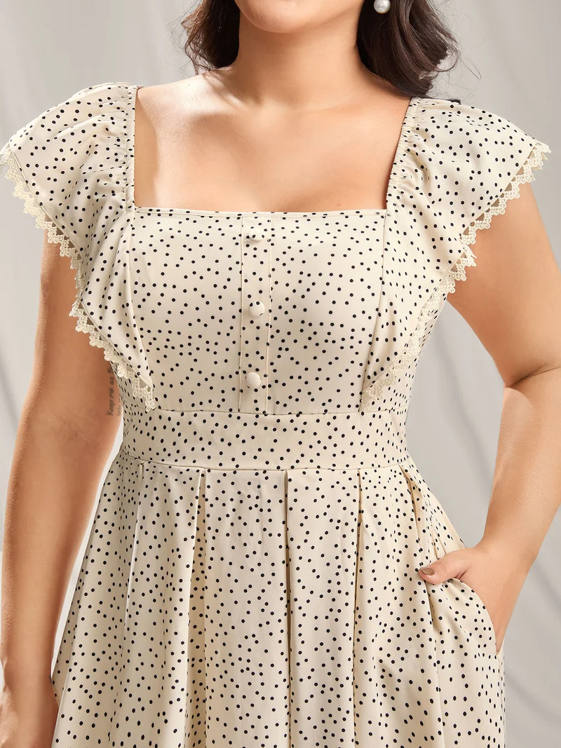 Polka Dot Cinched-Waist Pockets Midi Dress
