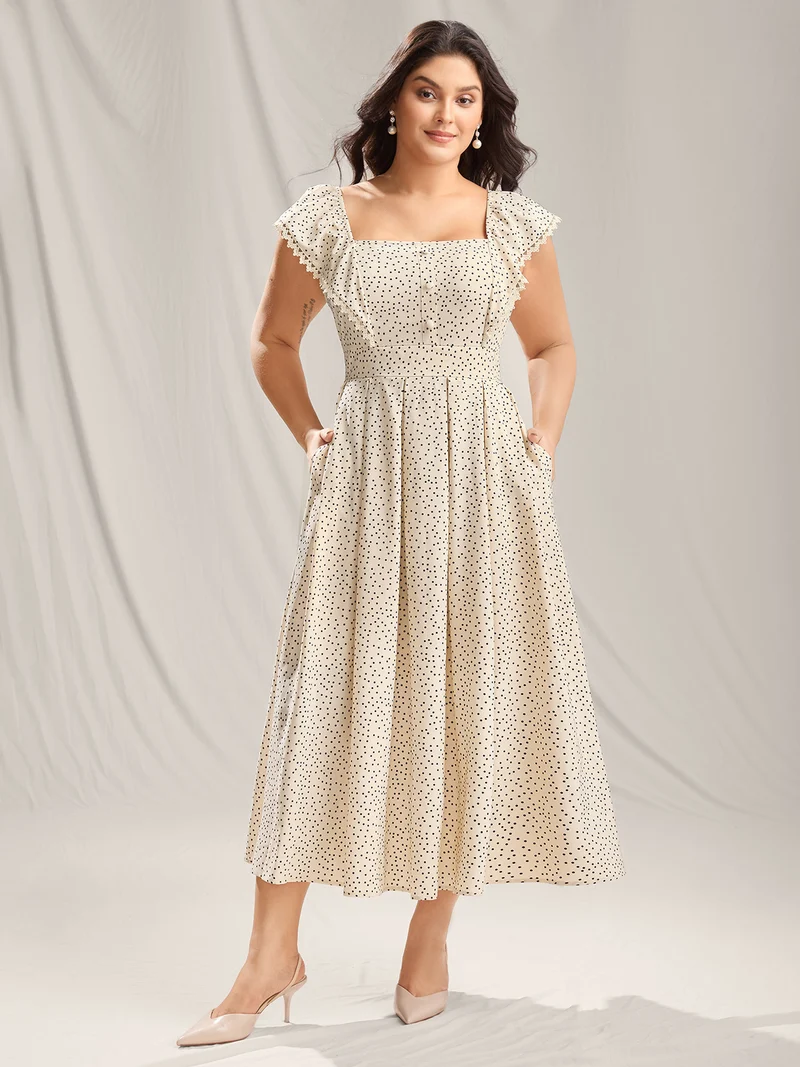 Polka Dot Cinched-Waist Pockets Midi Dress