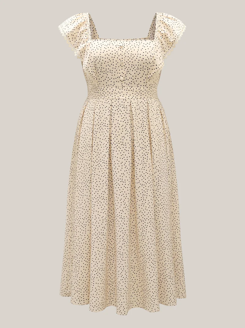 Polka Dot Cinched-Waist Pockets Midi Dress