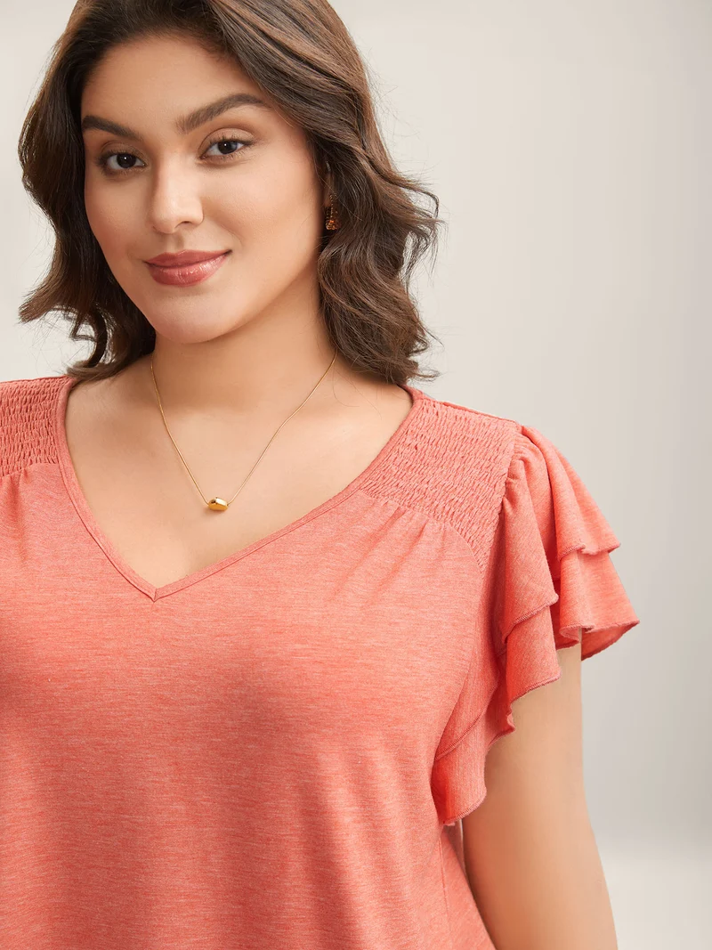 Shirred Layered Lotus Leaf Sleeve T-Shirt