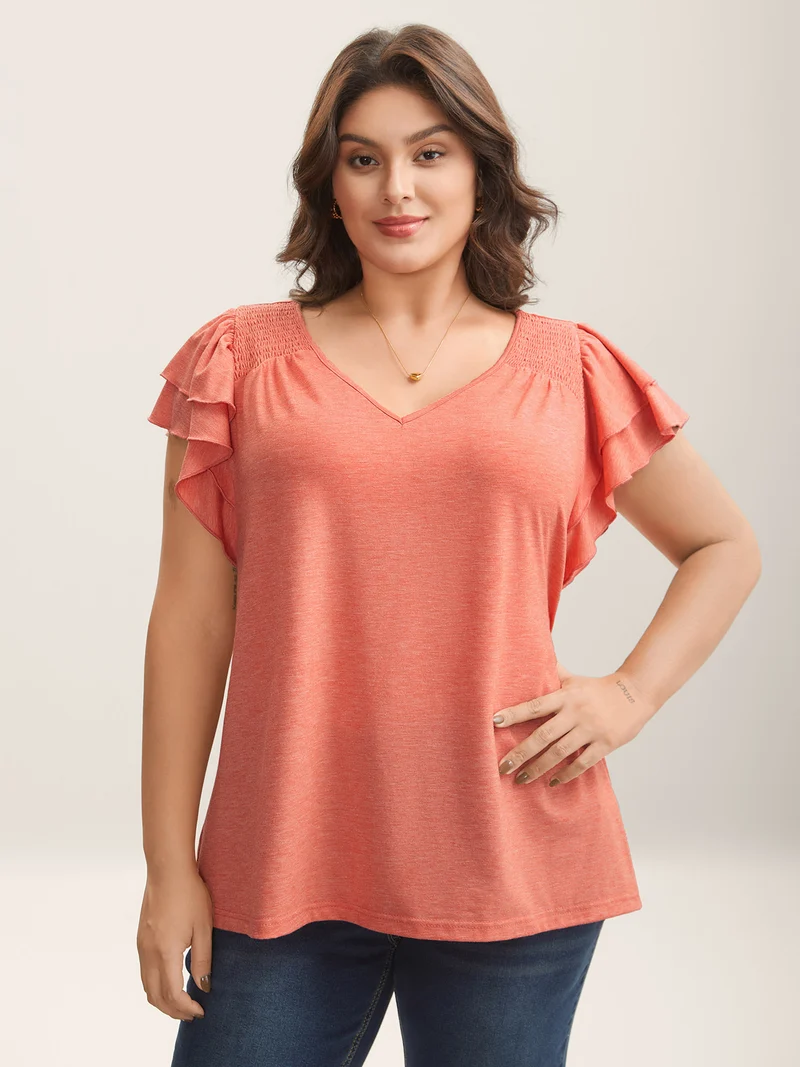 Shirred Layered Lotus Leaf Sleeve T-Shirt