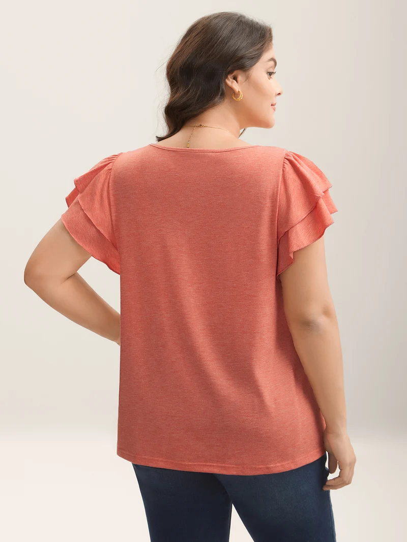 Shirred Layered Lotus Leaf Sleeve T-Shirt