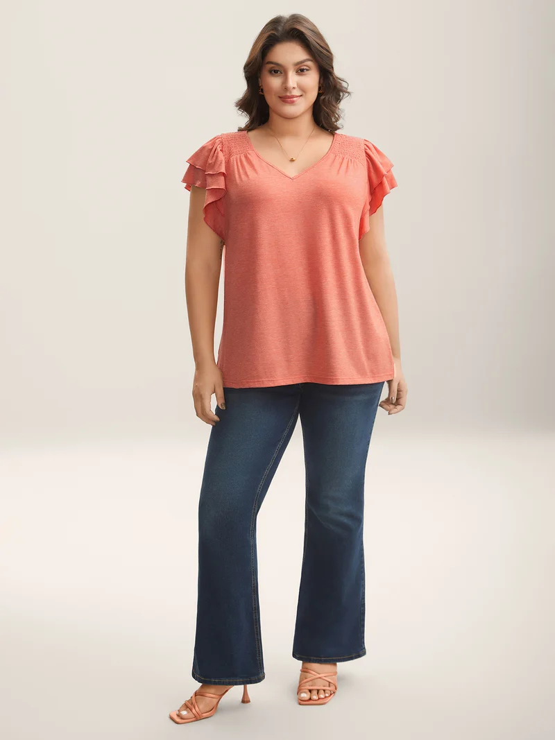 Shirred Layered Lotus Leaf Sleeve T-Shirt