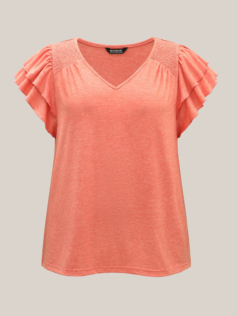 Shirred Layered Lotus Leaf Sleeve T-Shirt