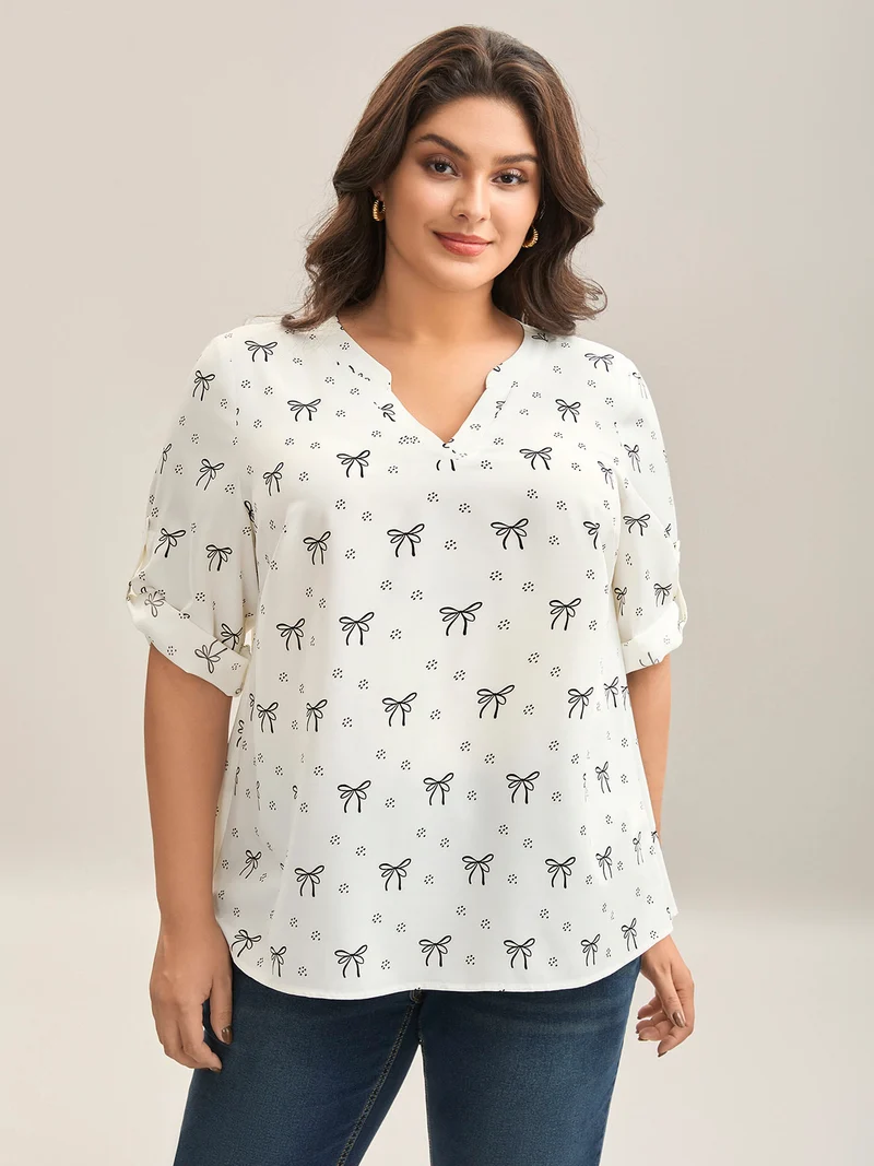 Bow Fun Print Notched Collar Shirt