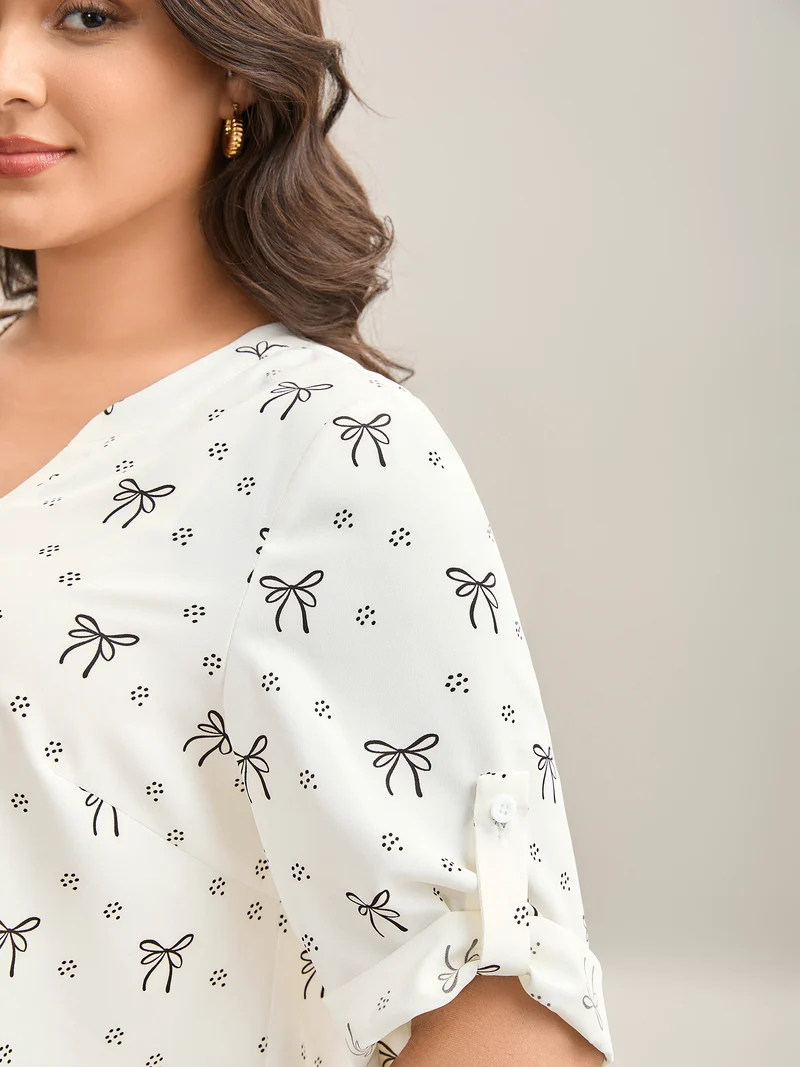 Bow Fun Print Notched Collar Shirt