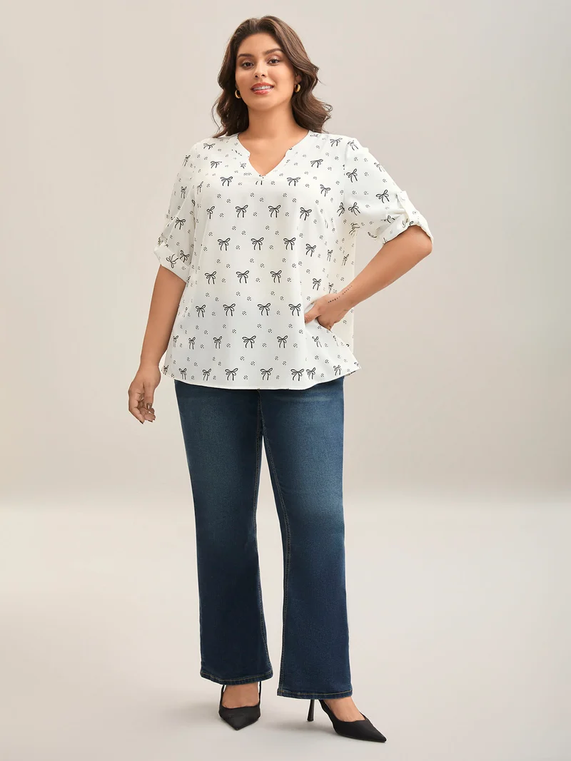 Bow Fun Print Notched Collar Shirt