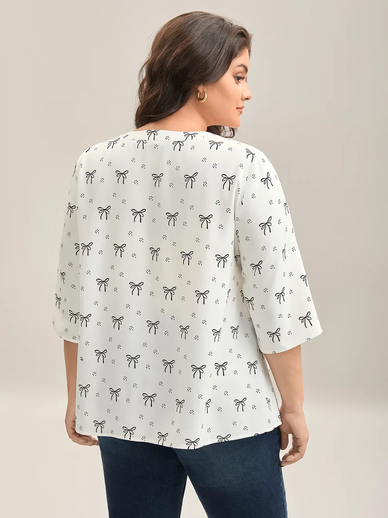 Bow Fun Print Notched Collar Shirt