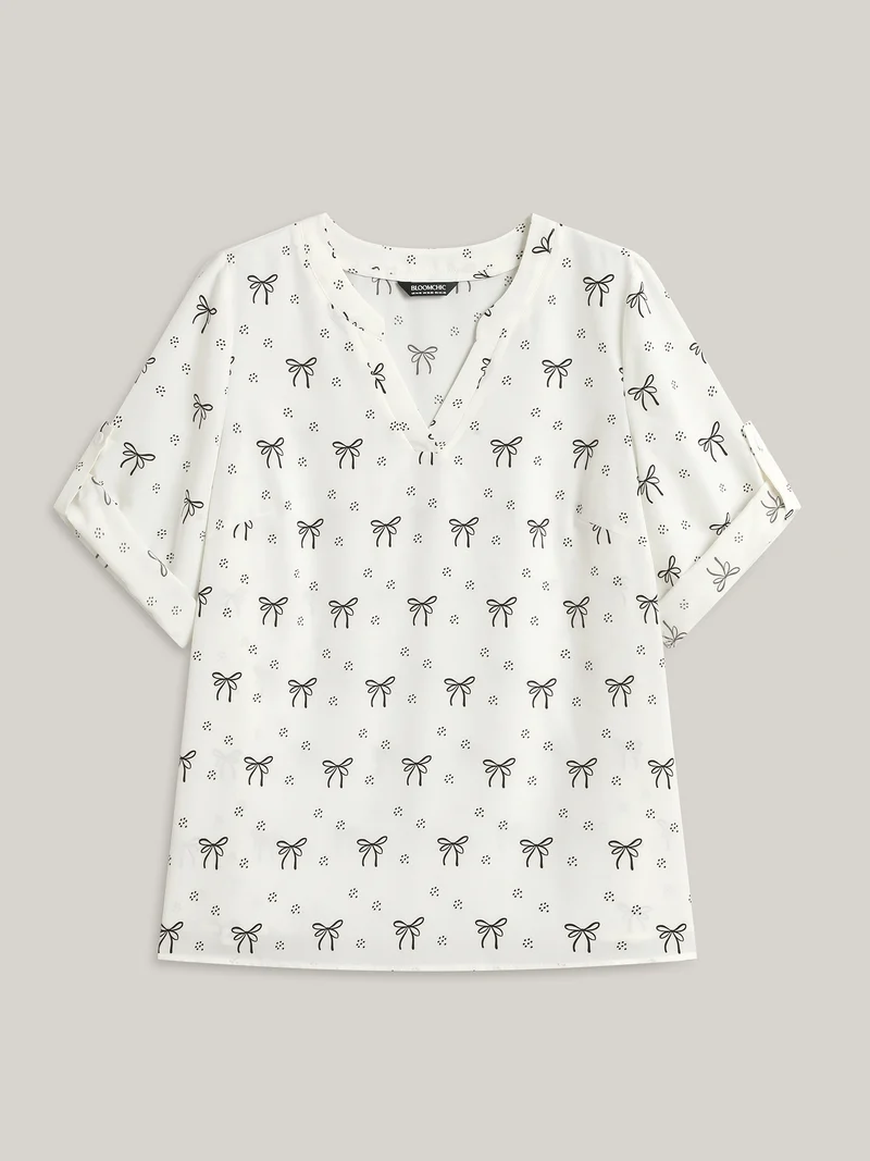 Bow Fun Print Notched Collar Shirt