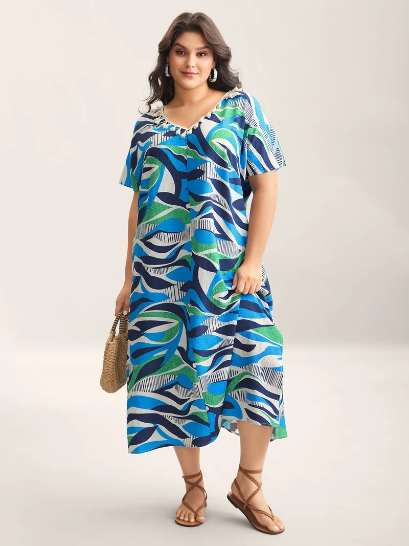 Abstract Print Backless Ribbon Maxi Dress