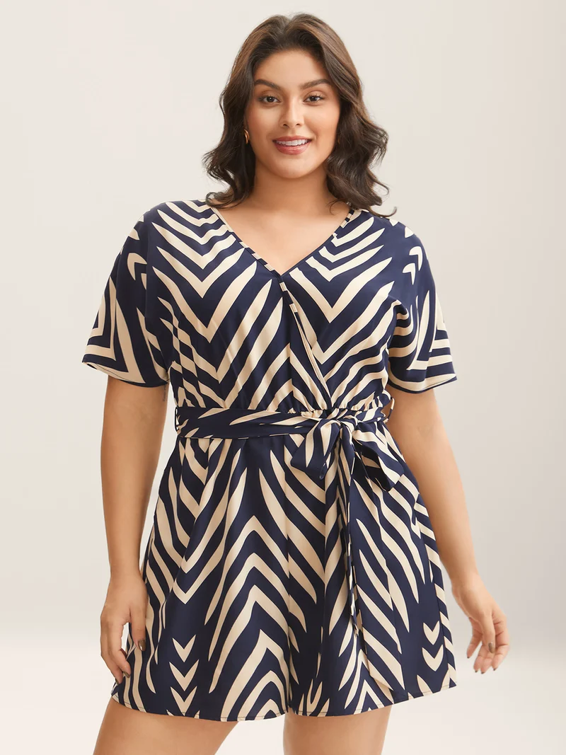 Geometric Print Belted Stretchy Waist Romper