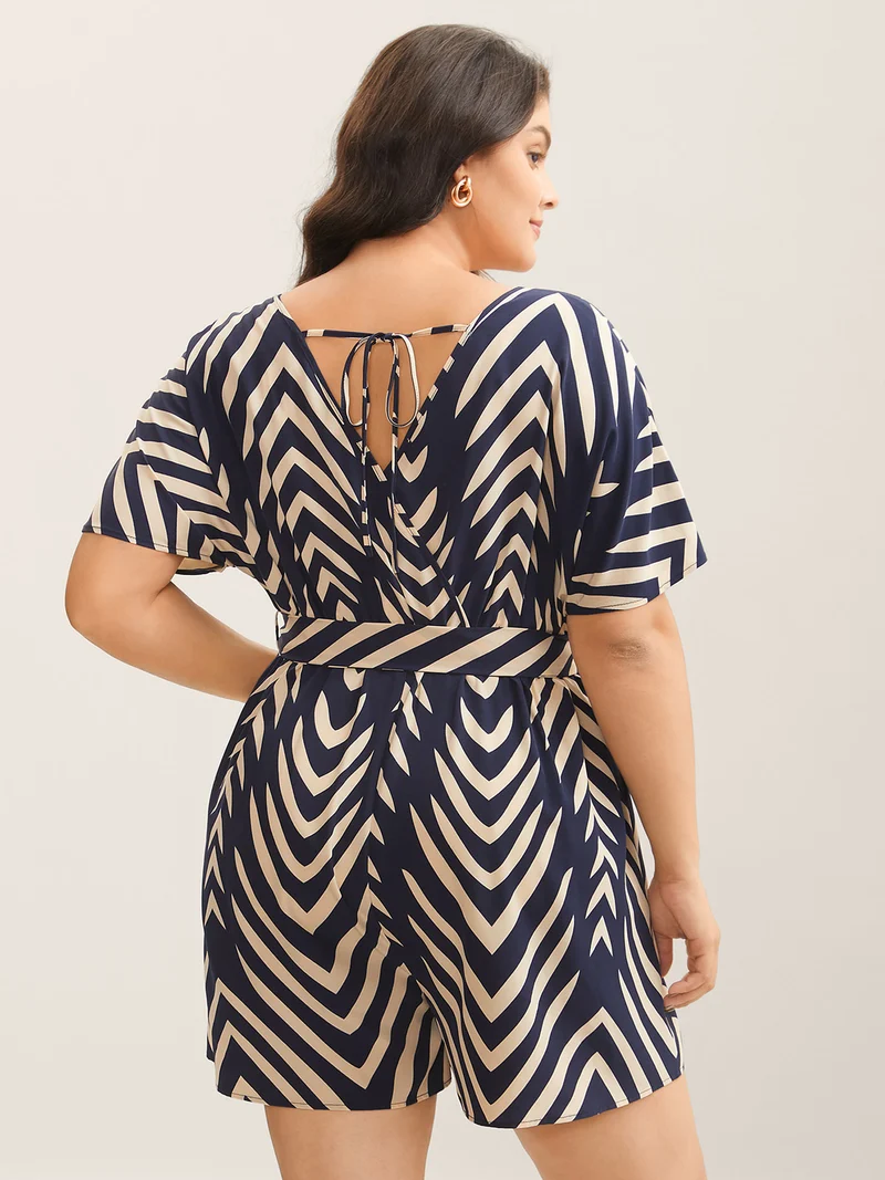 Geometric Print Belted Stretchy Waist Romper