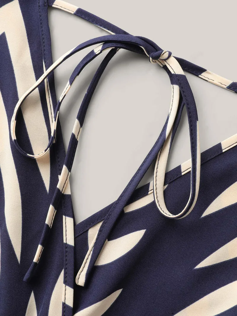Geometric Print Belted Stretchy Waist Romper