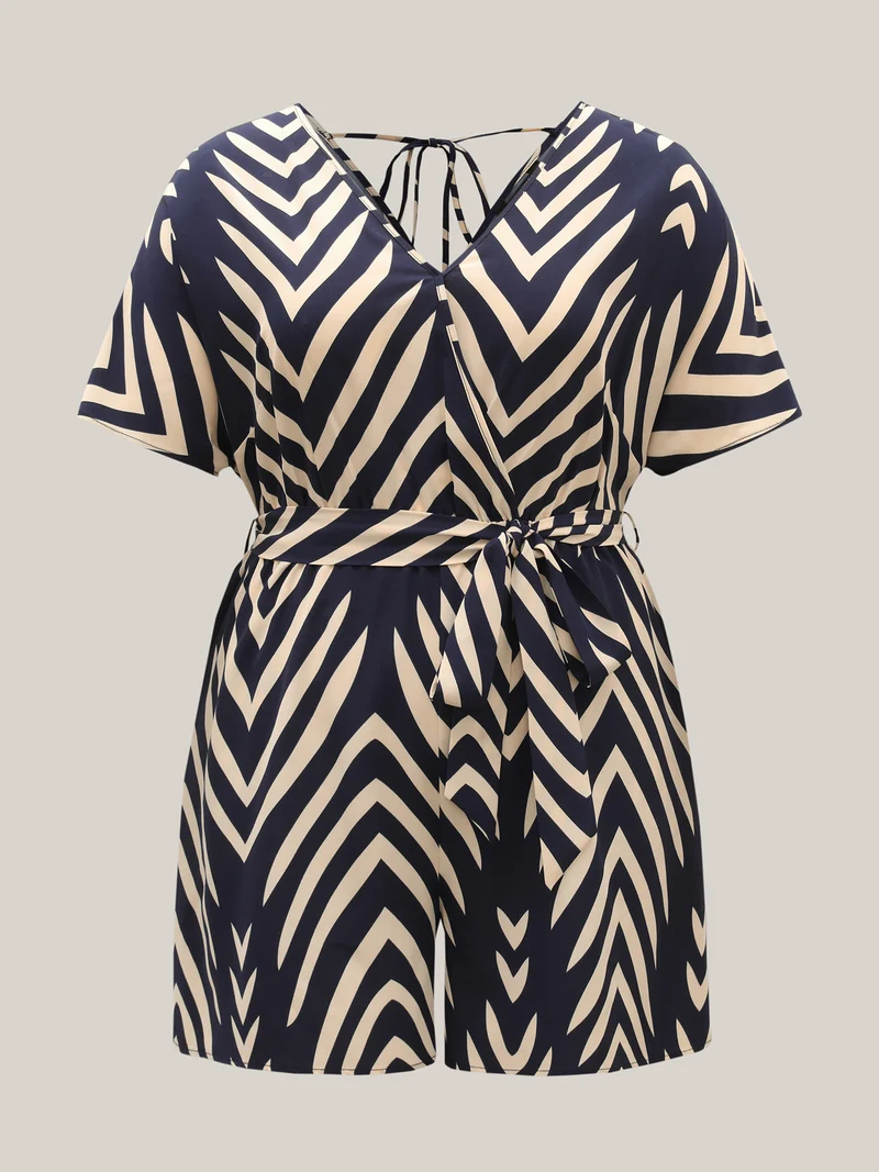 Geometric Print Belted Stretchy Waist Romper