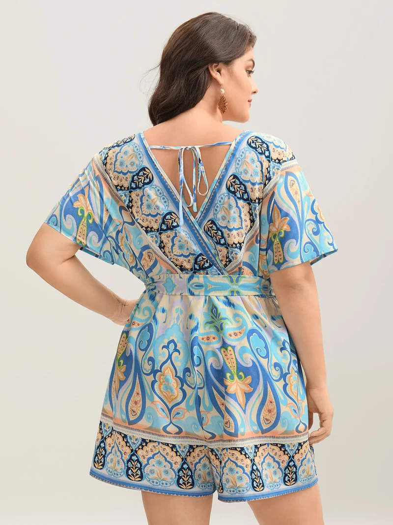 Boho Print Tie-Waist Pockets Romper