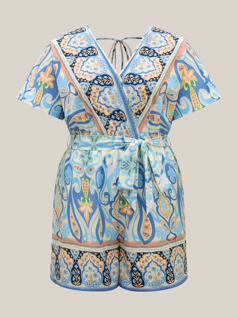 Boho Print Tie-Waist Pockets Romper