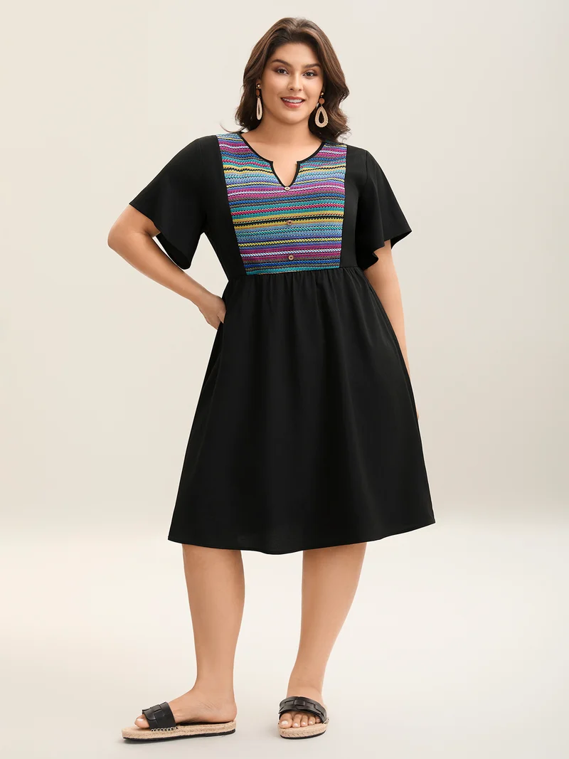 Colorful Stripes Textured Pockets Midi Dress
