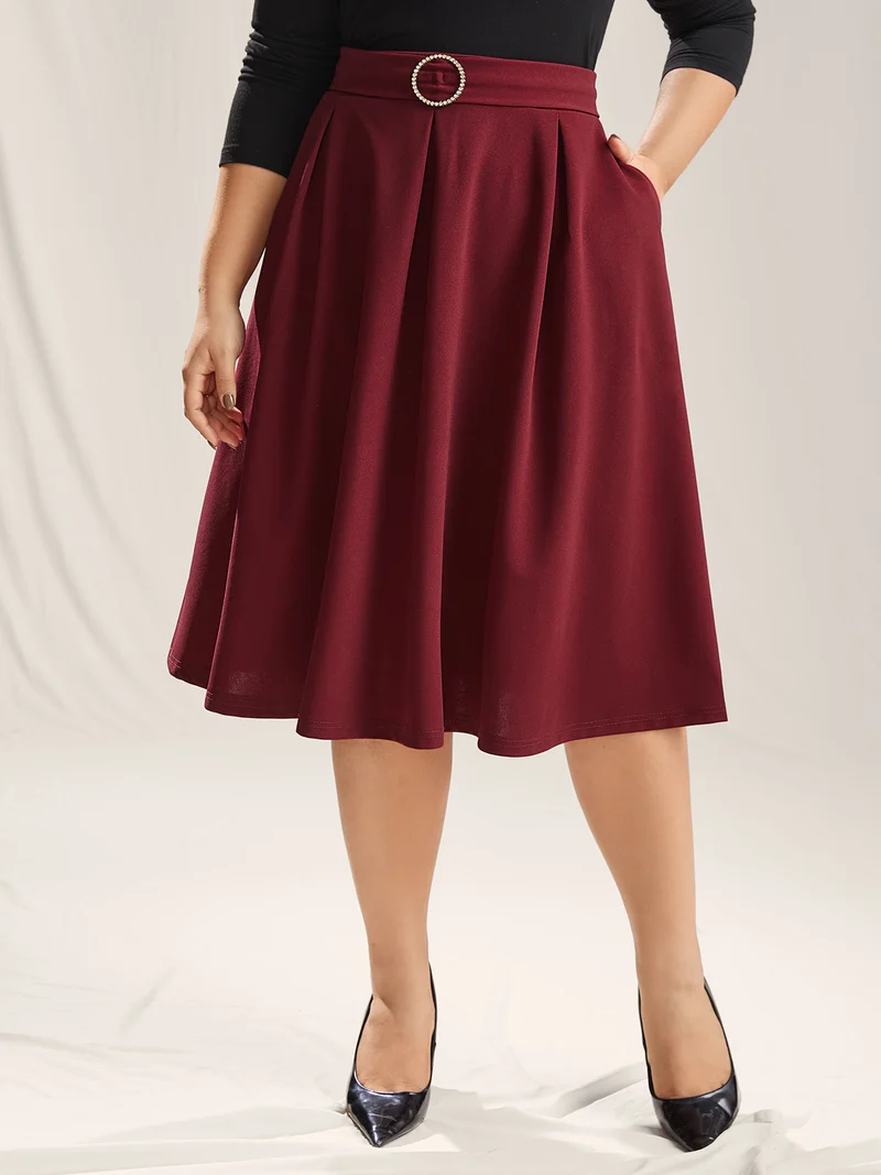 Buckle Detail Pleated Midi Skirt