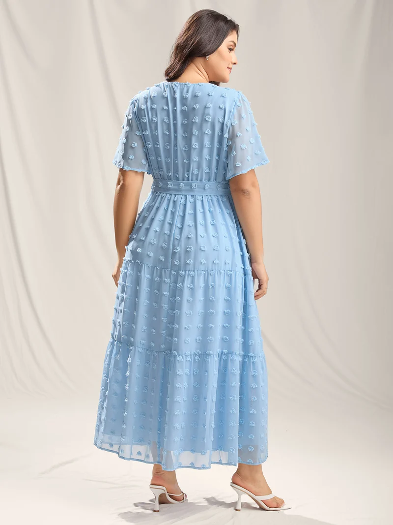 Fur Ball Textured Mesh Belted Midi Dress