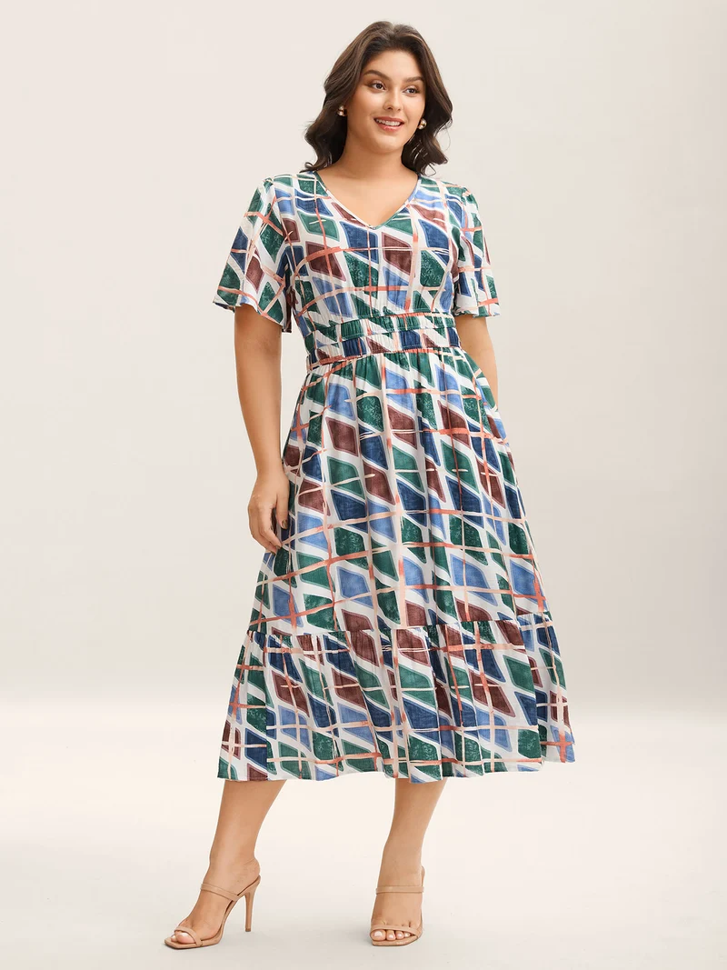 Abstract Print Stretchy Waist Midi Dress