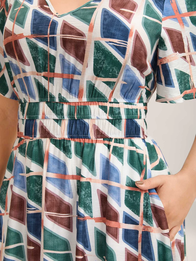Abstract Print Stretchy Waist Midi Dress
