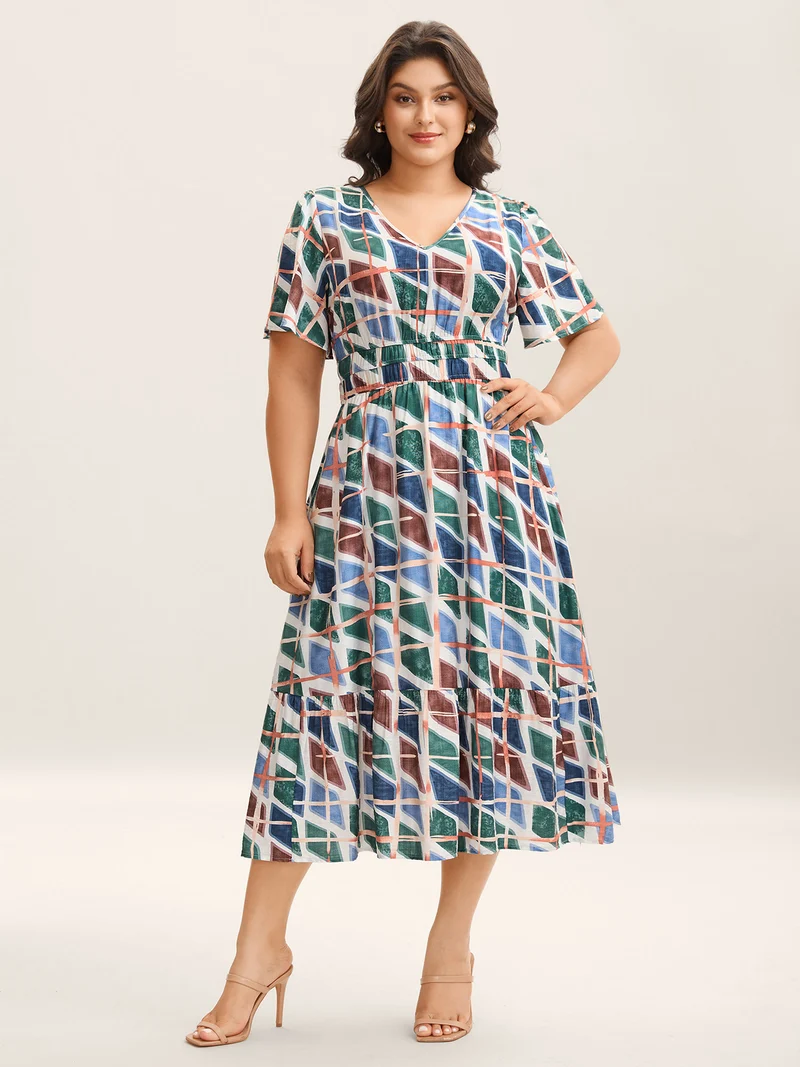 Abstract Print Stretchy Waist Midi Dress