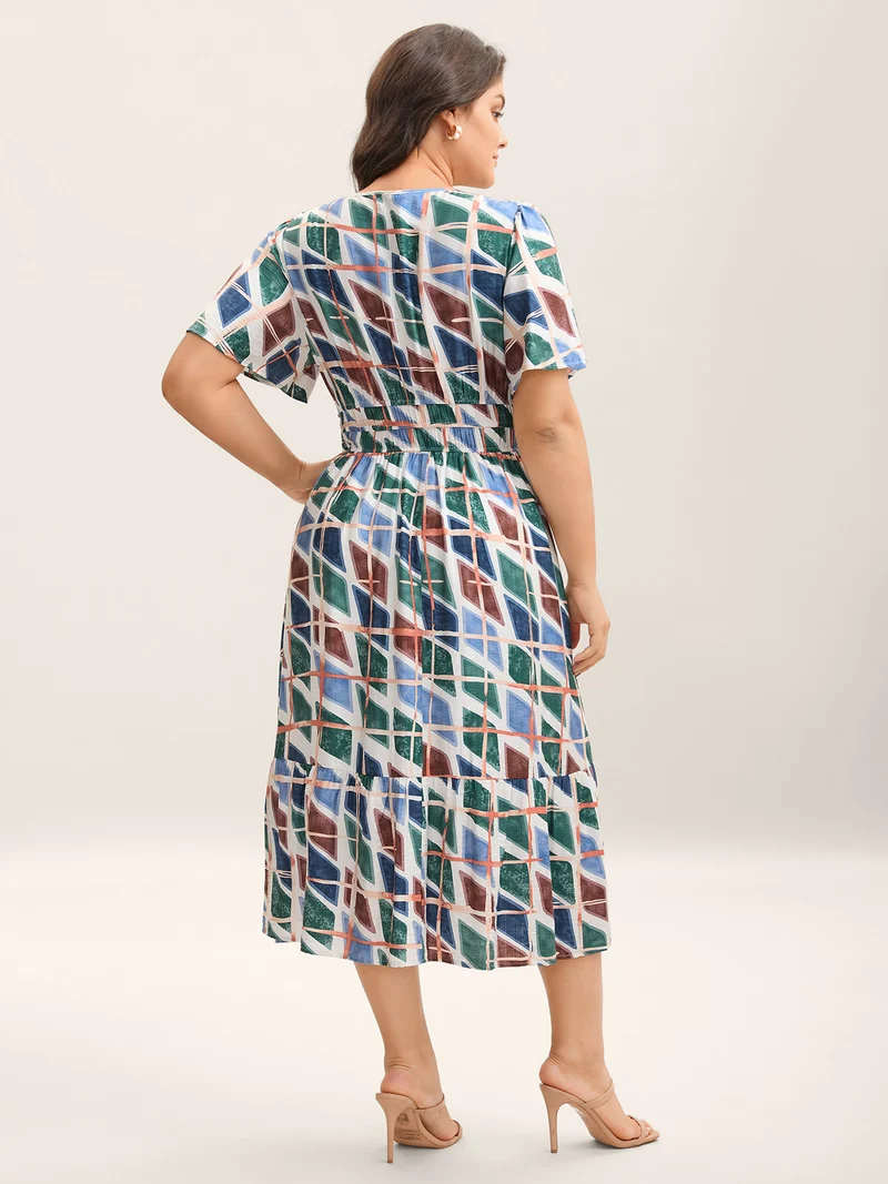 Abstract Print Stretchy Waist Midi Dress