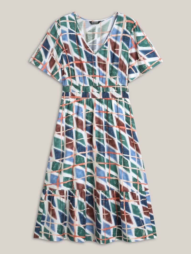 Abstract Print Stretchy Waist Midi Dress