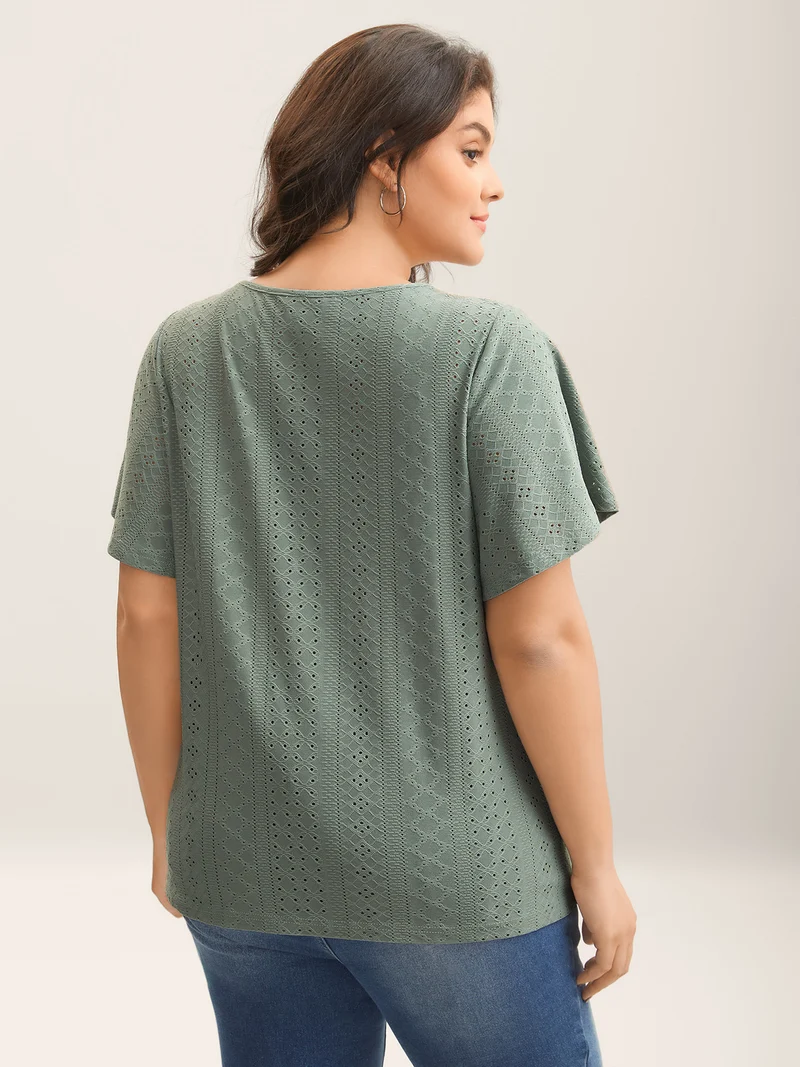 Textured Eyelet Stretchy V-Neck T-Shirt