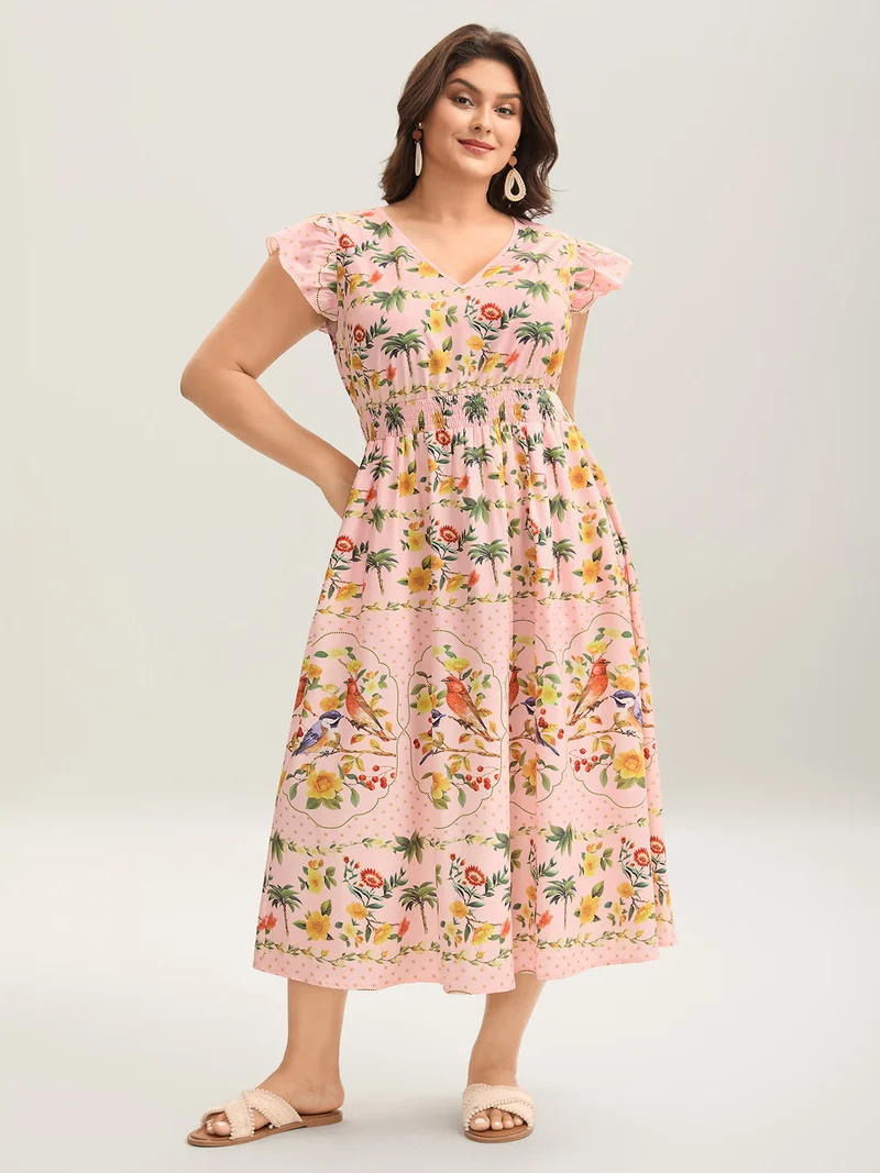 Tropical Print Shirred Waist Flutter Maxi Dress