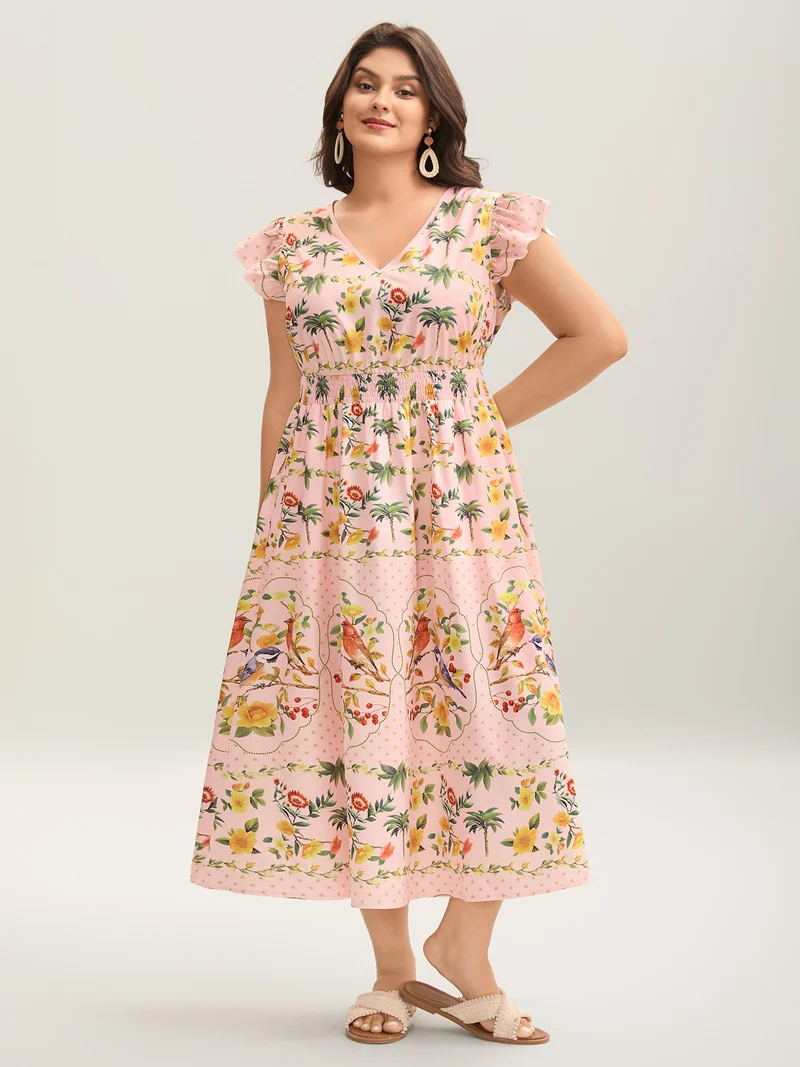 Tropical Print Shirred Waist Flutter Maxi Dress