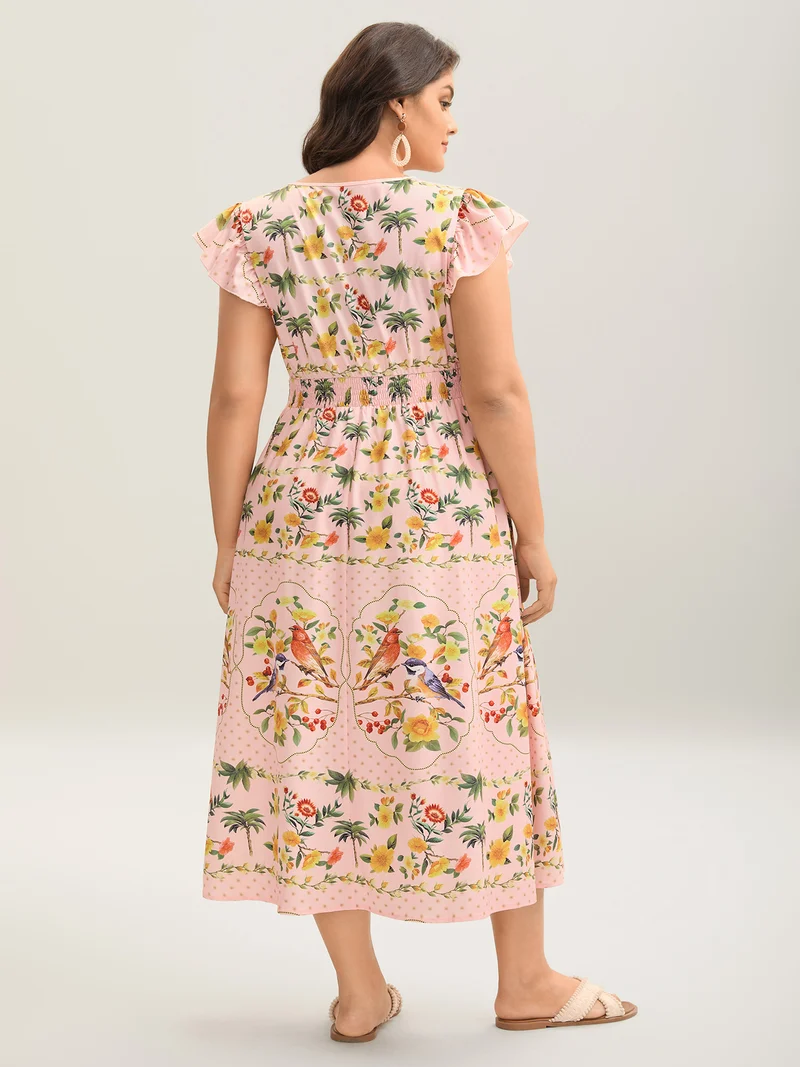 Tropical Print Shirred Waist Flutter Maxi Dress