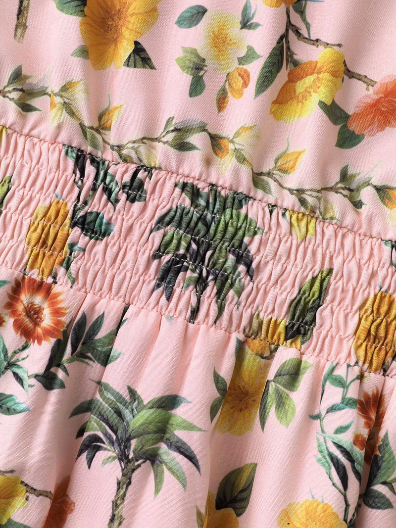 Tropical Print Shirred Waist Flutter Maxi Dress