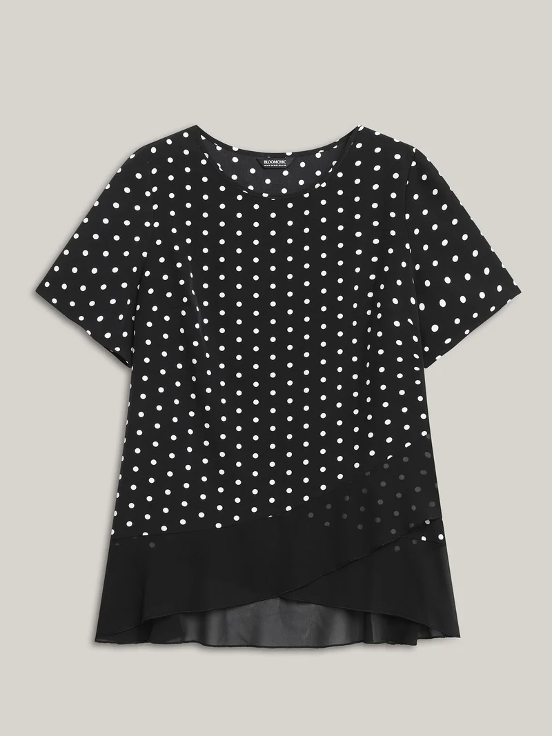 Polka Dots Spliced Ruffled Hem Shirt