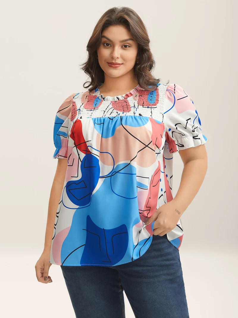 Whimsical Pattern Shirred Puff Sleeve Blouse