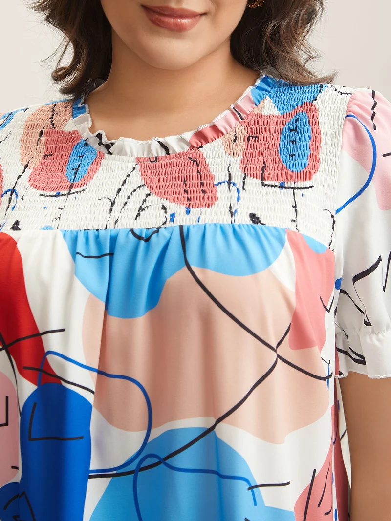 Whimsical Pattern Shirred Puff Sleeve Blouse