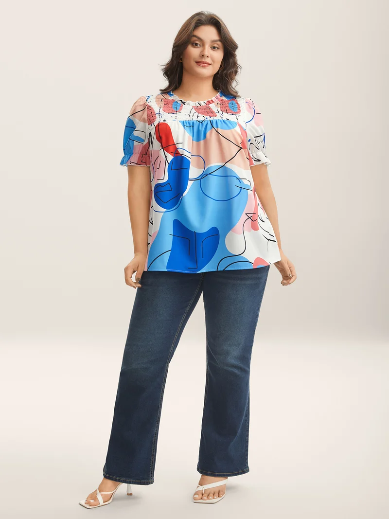 Whimsical Pattern Shirred Puff Sleeve Blouse
