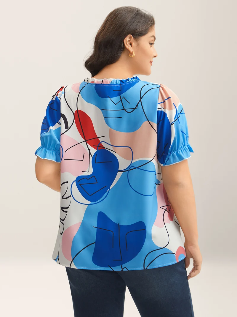 Whimsical Pattern Shirred Puff Sleeve Blouse