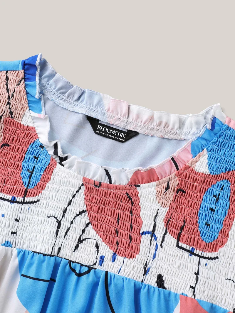 Whimsical Pattern Shirred Puff Sleeve Blouse