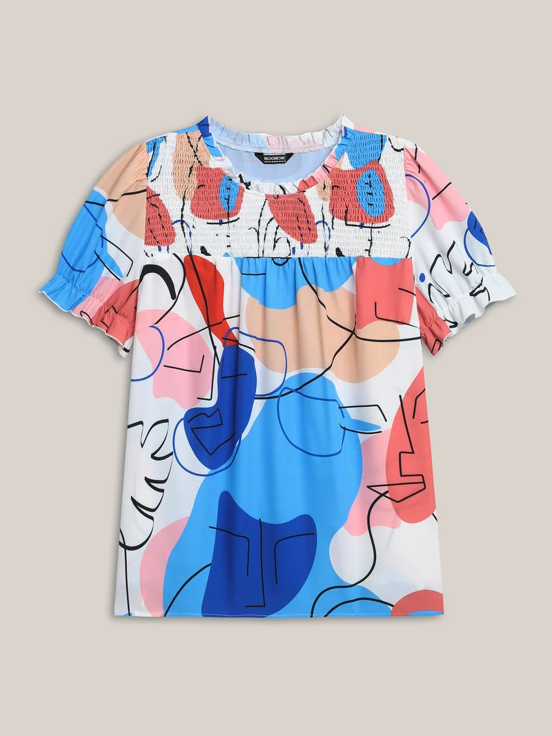 Whimsical Pattern Shirred Puff Sleeve Blouse